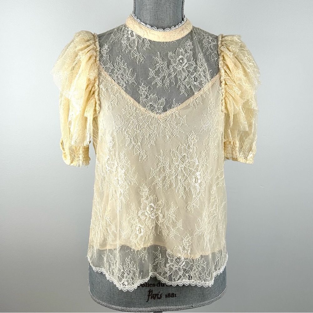 Free People SZ M Sheer Lace Puff Sleeve Top Blouse Cream Floral Romantic Boho